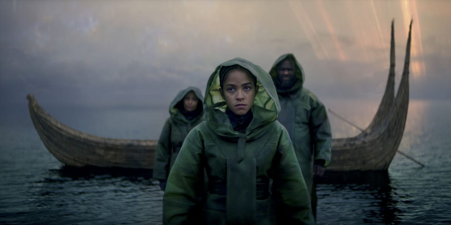 Girl stepping off a boat from the TV Series Foundation on Apple+